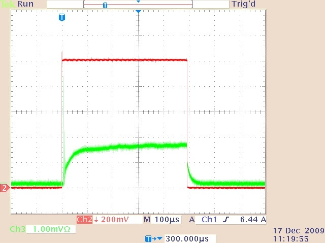 The quasi-cw laser output (lower trace) and drive current waveform (upper trace) for a 0.5-ms duration, 10 A current pulse at a 1000 Hz repetition rate.