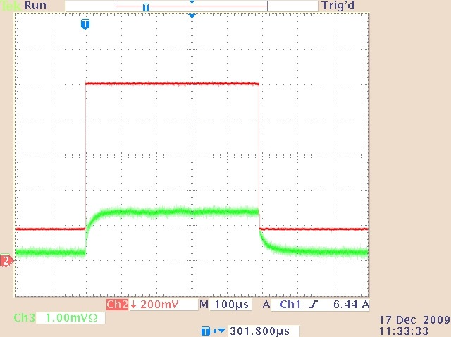 The quasi-cw laser output (lower trace) and drive current waveform (upper trace) for a 1.0-ms duration, 8.2 A current pulse superimposed on a 1.8 A continuous bias current at a 1000 Hz repetition rate.