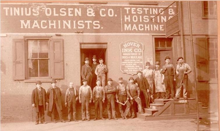 Workers outside the first Tinius Olsen & Co factory at 500 North 12th Street, Philadelphia c. 1890.