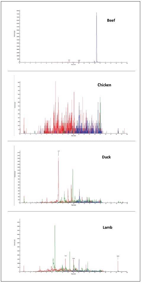 Typical chromatograms of other meat matrices as acquired by MRM mode: chicken, duck, lamb, beef.