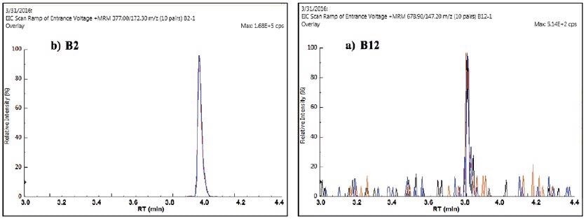 Replicate quantifier MRMs for vitamin B2 (a) and B12 (b) in IF2.