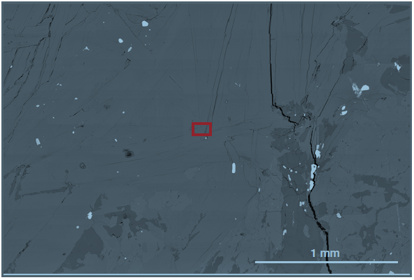 Large-scale overview of a 2.8 mm x 2 mm area (Acc. voltage 25 keV, beam current 15 nA). The red box shows the size of a typical SEM FOV  with a magnification of approximately 1,000x.