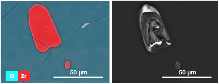 ChemiSEM image of zircons showing the Si and Zr distribution in the imaged area. Right image presents CL-Pan image (Acquisition parameters: ChemiSEM image acc. voltage 25 keV, CL image acc. voltage 10 keV).