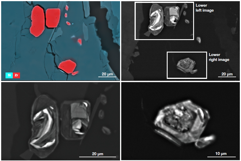 ChemiSEM image of zircons showing the Si and Zr distribution in the imaged area. Top right image presents CL-Pan image; bottom line images are higher magnifications of the different zircons (Acquisition parameters: ChemiSEM image acc. voltage 25 keV, CL image acc. voltage 10 keV).