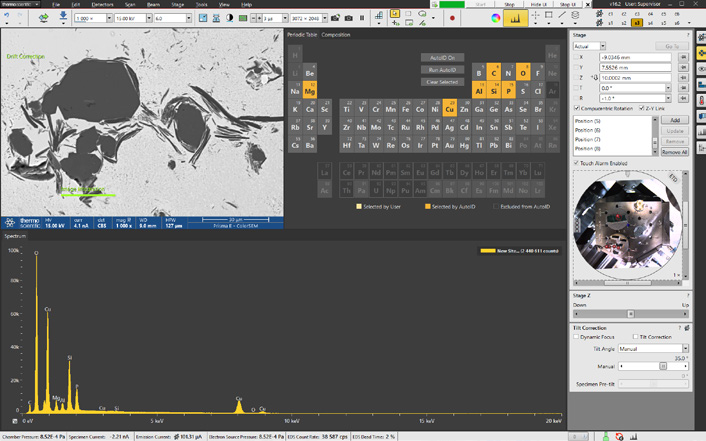 Axia ChemiSEM analytical layout integrated in the graphical user interface showing the acquisition of a BSE image and the spectrum related to the area acquired.