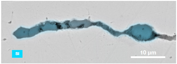 ChemiSEM images of one of the sub-surface inclusions. From top left: backscattered electron image, calcium, fluorine, and silicon maps showing their distribution within the inclusions (Acc voltage 15 keV, beam current 0.44 nA).