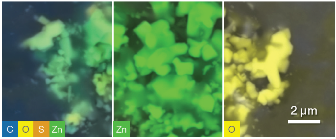 Quantitative elemental images, showing from left to right respectively all elements shown, zinc distribution and oxygen distribution. Some disuniformities in the distribution may be due to shadowing.