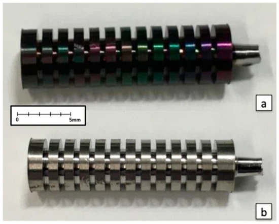 (a) Implant coated with fluorinated diamond-like carbon (F-DLC); (b) Control implant without F-DLC coating.