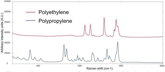 Raman spectra of polyethylene (blue) and polyethylene (red, spectra manually offset for clarification)