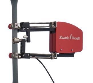 ZwickRoell Clip-on extensometer - measuring strain on a metal specimen.