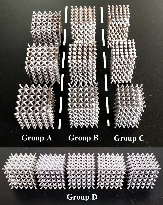Four group samples, A, B, C, and D, of node-enhanced pyramidal lattice structures.