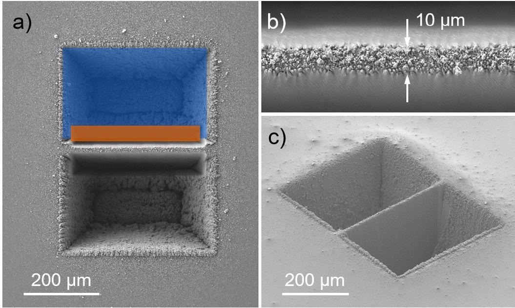 SEM images of a laser-machined chunk. a) Top view with laser milling shapes overlaid on one side of the chunk; blue for the rough milling and orange for the polishing step. b) Magnified top view. c) Sample tilted 54° and rotated.