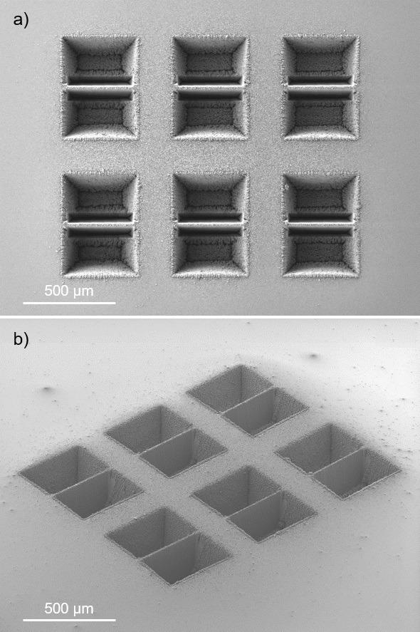 SEM images of a 3 × 2 array of laser-machined chunks. a) Top view. b) Sample tilted 54° and rotated. The FOV width is 2.3 mm for both images.