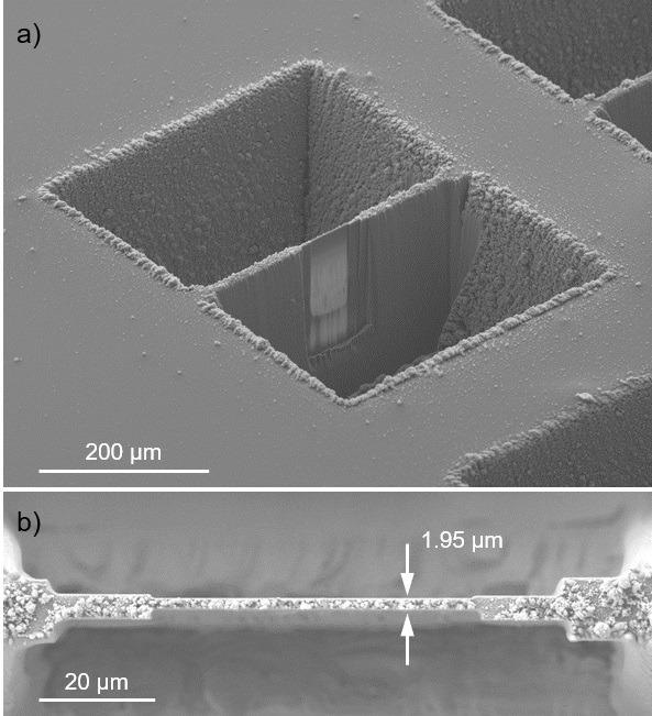 a) SEM images of a large FIB thinned lamella. a) Sample tilted 54° and rotated. b) Top view of the thinned region.