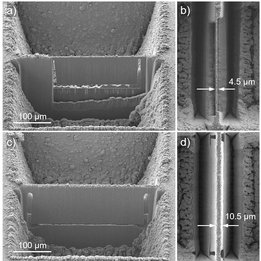 SEM images of two large lamellas after cut-out. a) and b) show different SEM perspectives – 0° and 45° stage tilt – of a 220 µm × 104 µm × 4.5 µm lamella. c) and d) show a bigger lamella with dimensions of 300 µm × 140 µm. This one is 10.5 µm thick at the top with a side wall taper of 7°