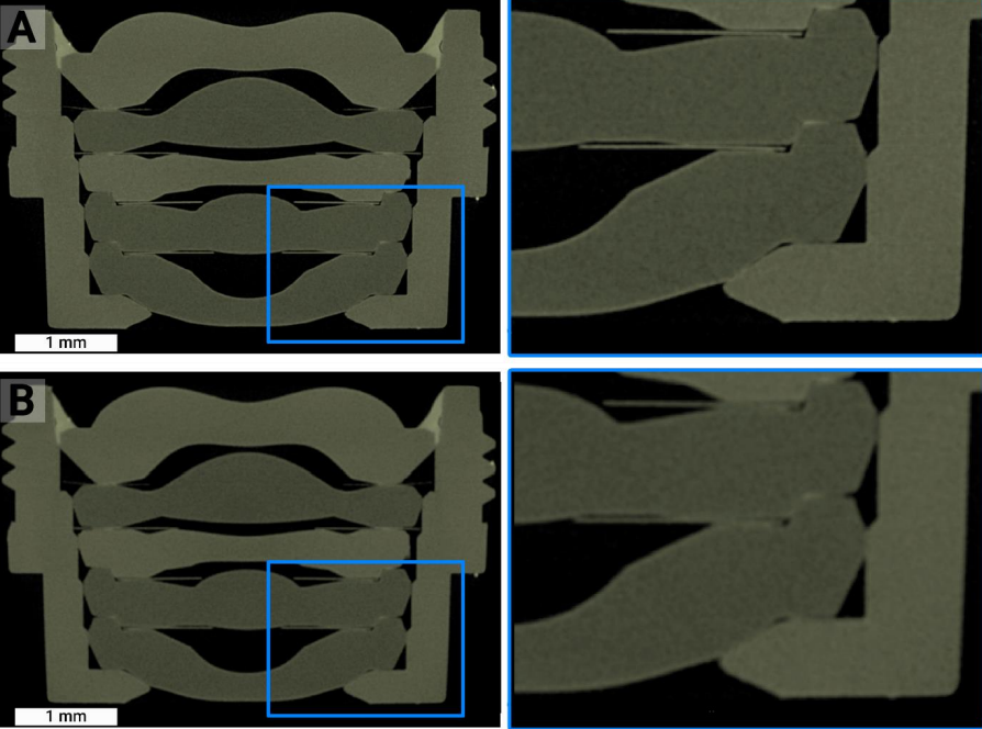 Figure 1. High-quality scans of a phone lens assembly scanned on a TESCAN UniTOM HR system in just 26 (A) or even 7 (B) minutes using 1300 (A) and 1000 (B) projections. Image Credit: TESCAN USA Inc.