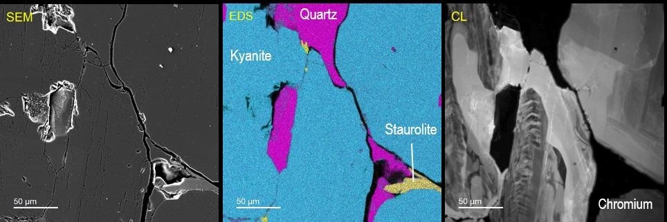 (left) Secondary electron image of kyanite thin-section; (center) EDS map revealing a predominantly coarse-grained quartz-kyanite segregation with small amounts of staurolite; (right) distribution of chromium in the kyanite phase extracted from cathodoluminescence data revealing significant intra-grain segregation indicative of multiple generations of formation—a similar map for titanium was also deduced but is not shown here for clarity.