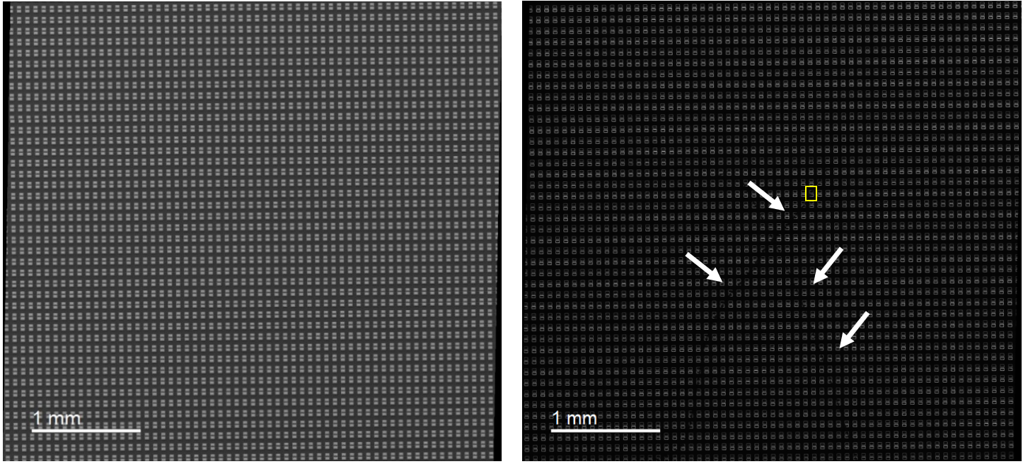 (left) Secondary electron and (right) CL image of mini-LED array. CL image reveals a series of defected LEDs in the shape of an ‘x’ with reduced intensity.
