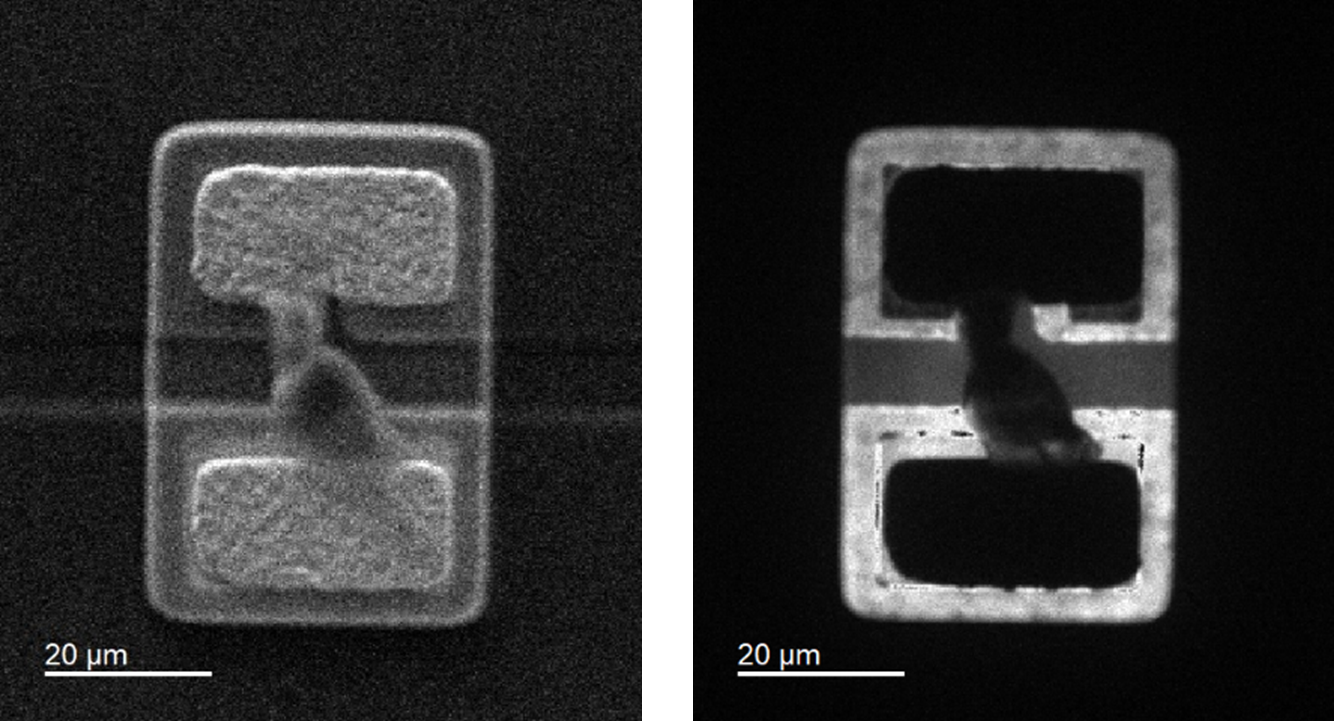 (left) Secondary electron image and (right) corresponding CL image of an electrical short defected LED.