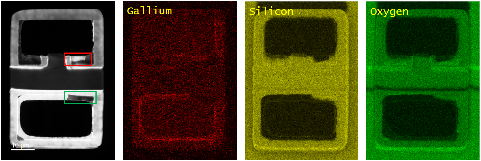 (left) Unfiltered CL image and EDS material composition results of a defect LED. EDS material mapping for gallium (red), silicon (yellow), and oxygen (green).