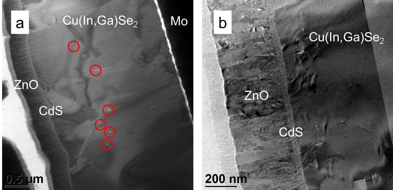 a) Bright-field TEM image of a ZnO/CdS/Cu(In,Ga)Se2/Mo solar-cell stack. Cu agglomerates on the Cu(In,Ga)Se2 surface are highlighted by red circles. b) No Cu agglomerates visible on a specimen prepared using optimized Ar ion beam parameters and liquid N2 cooling in the PIPS II system.