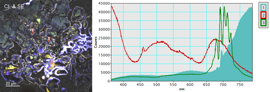 (left) True color representation of the CL spectrum image (color) overlaid with SE image (gray), and (right) extracted CL spectra from points 1 (aqua fill), 2 (red), and 3 (green). Points 1, 2, and 3 are the same locations as in Figure 3.