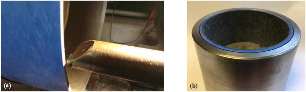 Image showing the methods used in the machining study. Image (a) shows a part being machined in the free state, used to analyse surface roughness following machining. Image (b) shows a machined part in a master die, used to evaluate dimensional response.