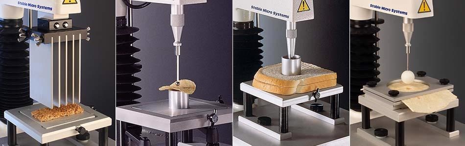 Texture Analyser testing cereal bar firmness, chip crispiness, bread softness and pancake extensibility.