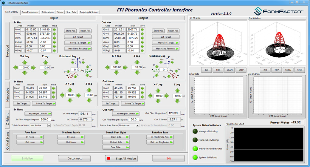 Photonics Controller Interface - controls manual positioning, scan parameter configuration, and initial optical alignment functions.