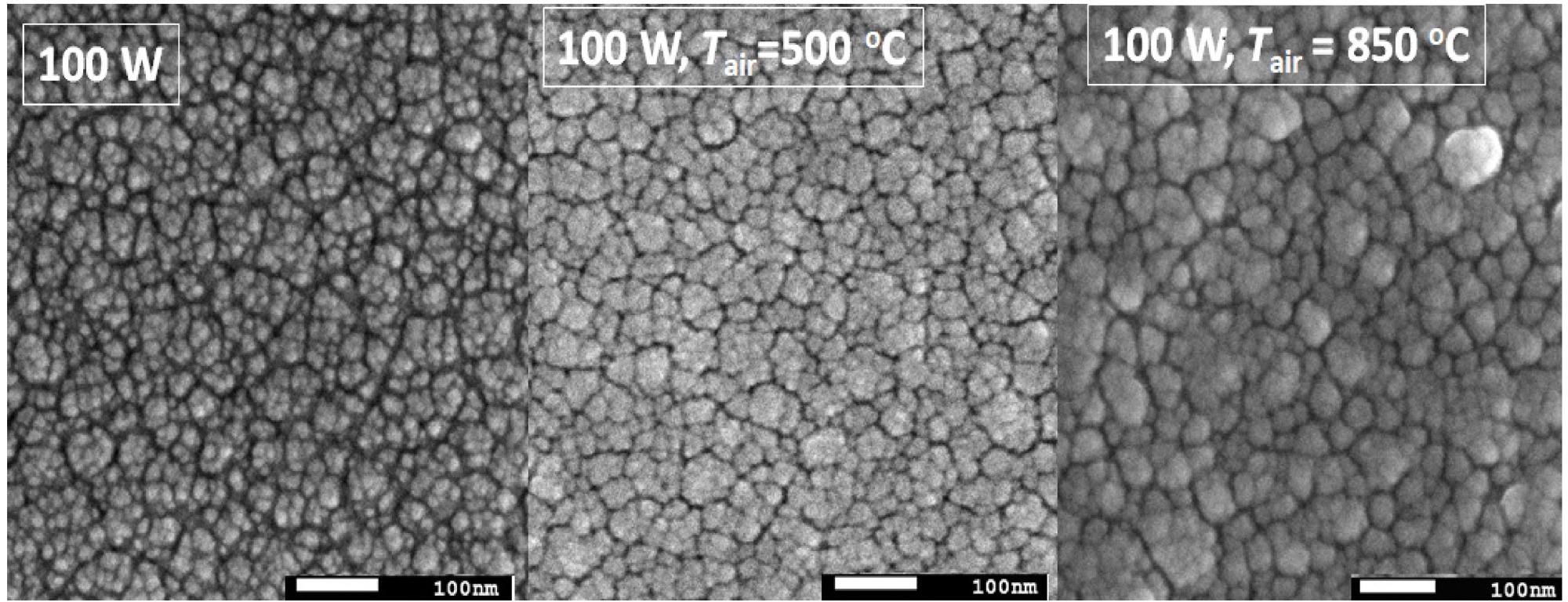 SEM images of as-grown Zn-ferrite thin films (deposited at an RF power of 100 W), which were later annealed at 500 °C and 850 °C in the air.