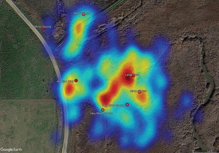 Detection density for all flights conducted on March 23, 2021. The various sources (including the artesian well, large leak or previously unknown source, as well as several others) identified with the MicroGuard™ handheld sensor are clearly highlighted by the data collected by HoverGuard™. This visual representation does not reflect emission severity, but rather leak localization probability.