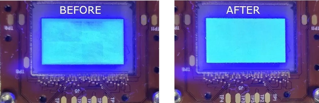A microLED display before correction (left), and after the correction process—called demura—has been applied (right), resulting in a uniform appearance.
