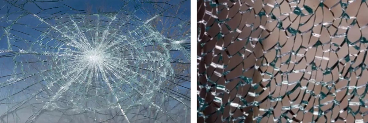 Laminated glass (left) is less likely to shatter into pieces when damaged; tempered glass (right) breaks into small pieces rather than long, sharp shards that could cause serious injury.