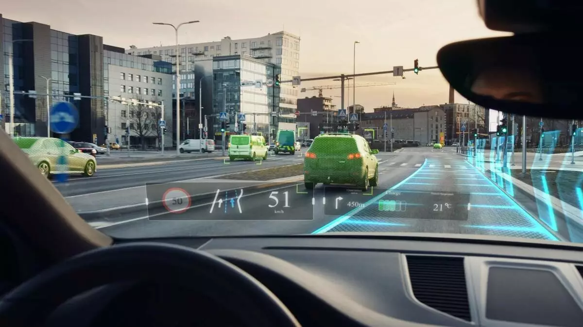 Automotive HUD systems can present drivers with key information such as speed and navigation data, the location of other vehicles and objects, and lane guides, without requiring them to take their eyes off the road. Shown here is an AR-style HUD where 3D projected images are integrated with the environment outside the vehicle