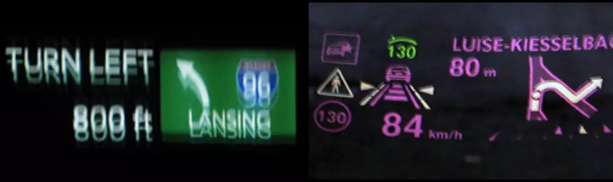 Examples of ghosting (left) and distortion (right), two types of defects commonly introduced by the windshield in HUD displays, which must be corrected to ensure both regulatory compliance and safe vehicle operation