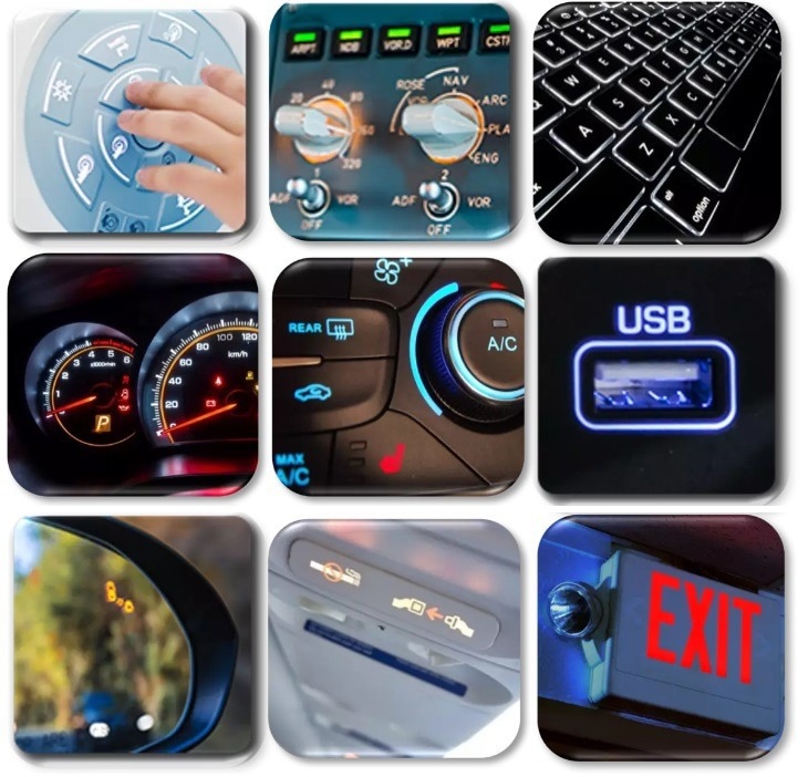 Examples of backlit symbol applications, top row left to right: device controls and keypads, instrument panels and avionics, computer keyboards; middle row: automobile dashboards (left), controls (center), and LED-backlit light strips and shapes (right); bottom row left to right: vehicle mirror blind spot indicators, airplane safety symbols, illuminated signs.