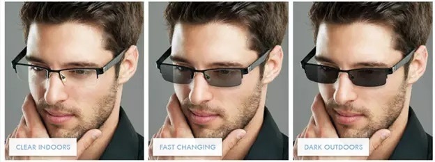 Adjustable-tint photochromic glass lenses used in Transitions® progressive eyeglasses.