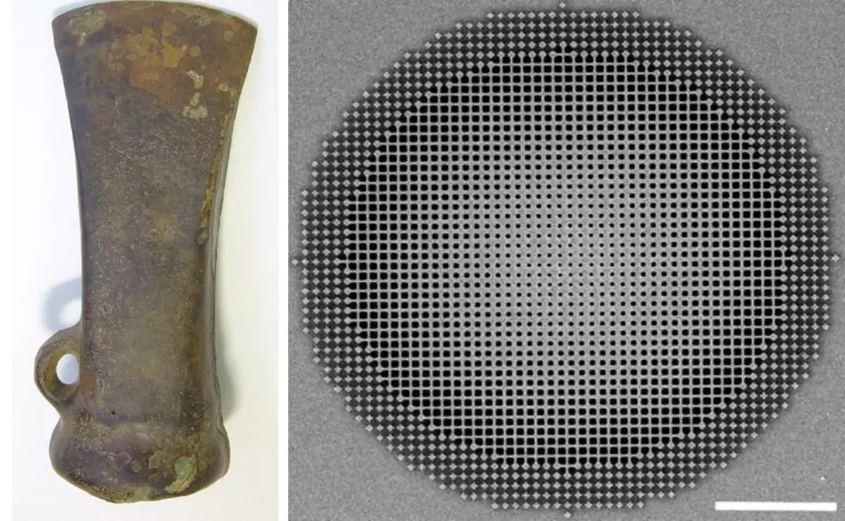 Examples of materials science from different eras: Bronze-age axe head (left), and a breakthrough ultra-thin “fishnet” achromatic metalens recently developed at UC Berkeley (right, scale bar represents 5 micrometers).
