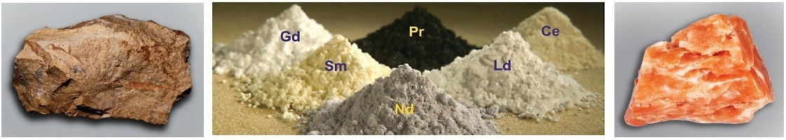 Bastnäsite (left) and Monazite (right) minerals are the largest sources of Rare Earth Elements.