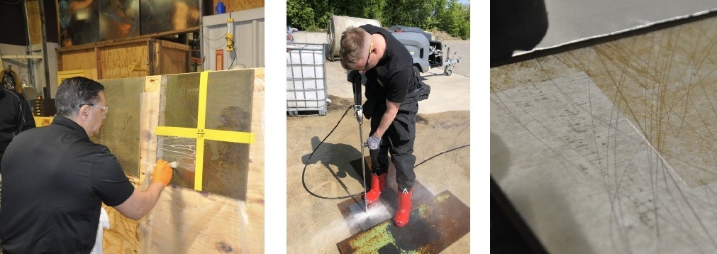 Cleaning Methods: Performed on test panels. From left to right: Applying derouging compound (Astro Pak). Ultrahigh pressure (1000 bar) water cleaning (Kärcher). Laser cleaning (Evergreene/Adapt).