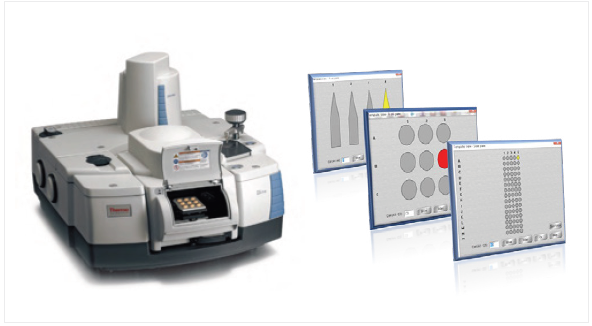 Left) Nicolet iS50 FTIR Spectrometer with the iS50 Raman Accessory. Right) Available analysis templates.