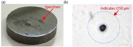 Test Specimen. (a) On the lower compression plate & (b) Particle observed with a 400 fold microscope.