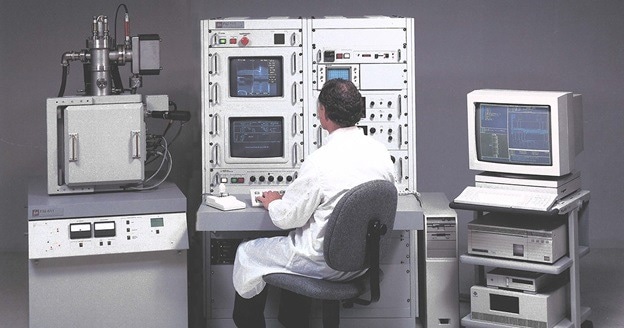 This photo, taken in 1989, shows an original TEM workstation. We developed the first single-beam Ga+ FIB, allowing sub-microscale site-specific material removal, enabling technology for site specific sample preparation.