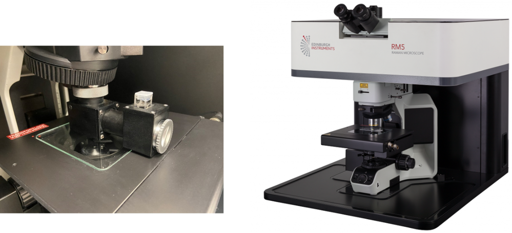 Cuvette holder (left), RM5 Raman Microscope (right).