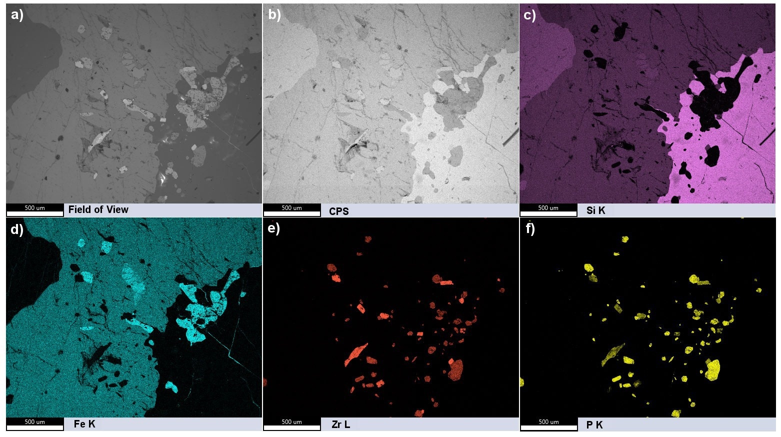 Overview of the dual detector data from a floor tile sample. An a) SEM image and b) summed CPS map of the field of view. c-f) Summed ROI maps of Si K, Fe K, Zr L, and P K, respectively.