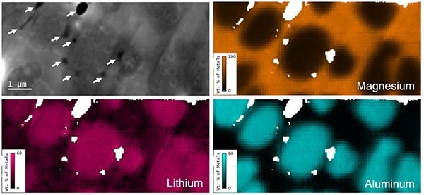 Secondary electron image and elemental metal fraction maps (by wt. %) of the same region of the MgLiAl alloy; white pixels are regions excluded from the analysis due to influence of topography (identified by arrows in the secondary electron image).