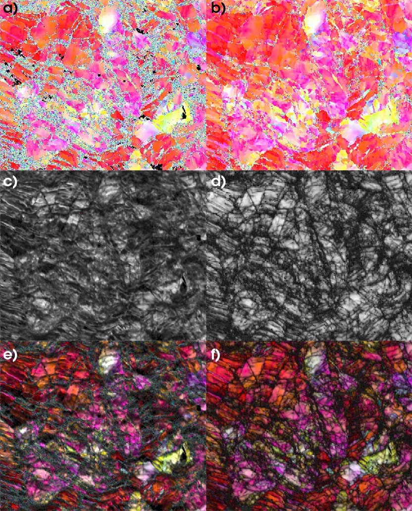 Hough indexing struggles to index when pattern quality is reduced by a) high deformation, but b) spherical indexing is robust against significantly degraded pattern quality. Note that the d) spherical indexing confidence index strongly correlates with c) image quality but is high even in some regions with extremely low IQ.