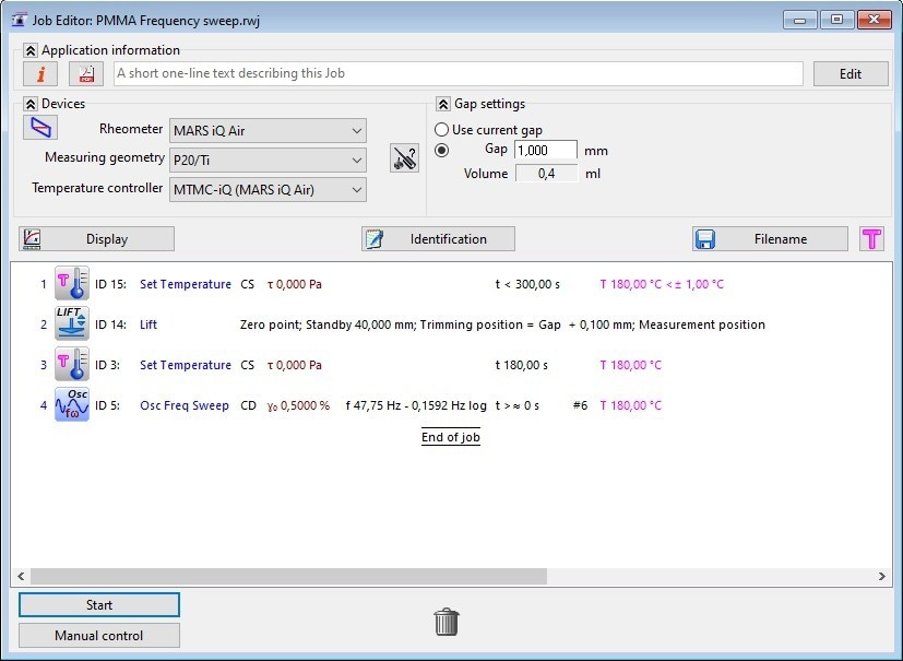 Measurement routine for performing a frequency sweep measurement in the HAAKE RheoWin Software.