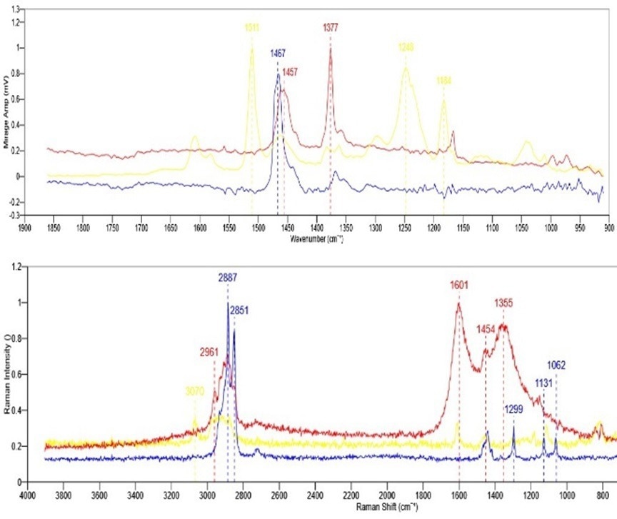 Top- IR spectra collected from film 1. Bottom-Simultaneously collected Raman spectra.