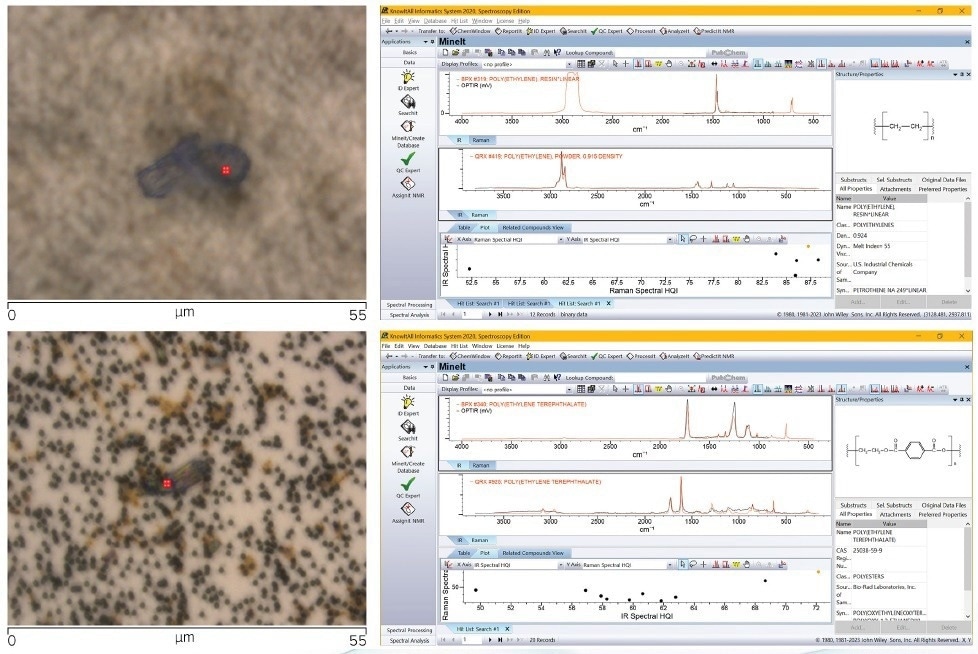 Top left, Optical image of particle 1 (40 x Cassegrain objective). Bottom left, Optical image of particle 2 (40 x Cassegrain objective). Top right, Wiley KnowItAll dual IR/Raman database search result for O-PTIR/Raman spectra collected on particle 1. Bottom right,Wiley KnowItAll dual IR/Raman database search result for O-PTIR/Raman spectra collected on particle 2.
